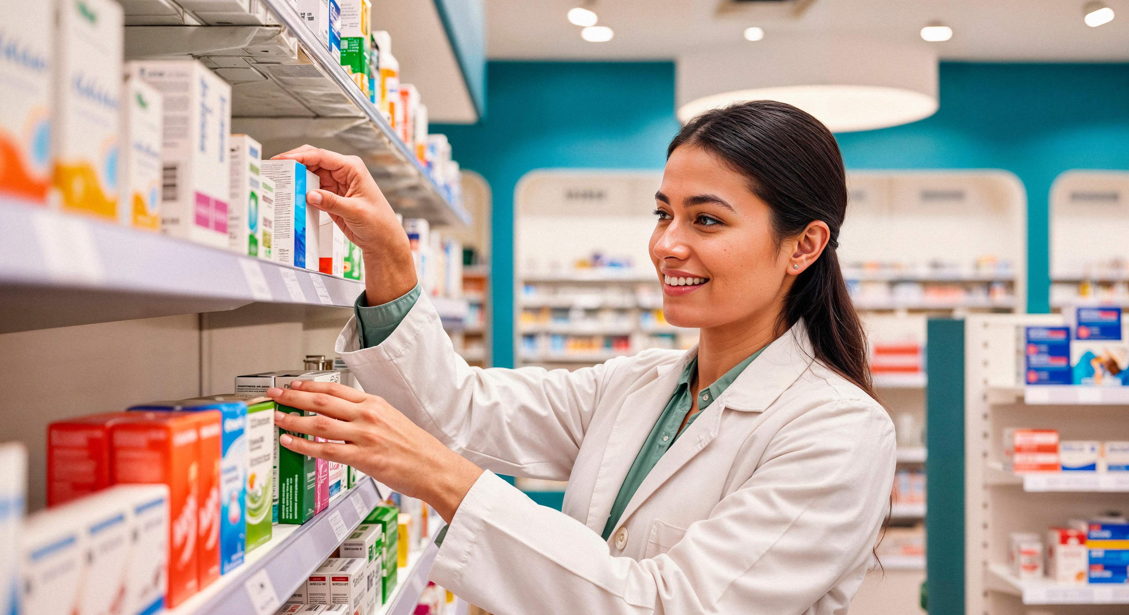 Farmacêutica organizando medicamentos na prateleira da farmácia